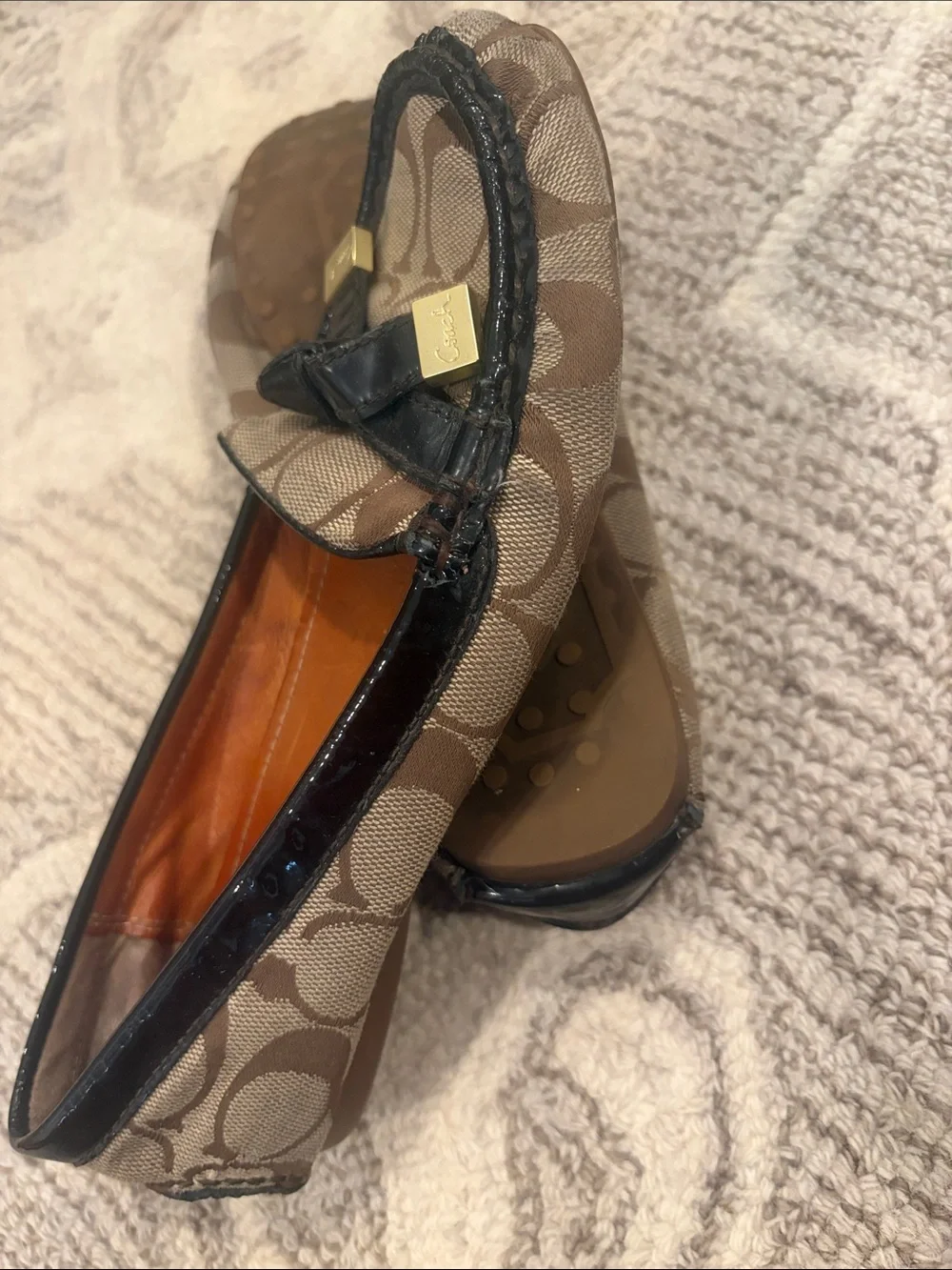 Coach Brown Signature Canvas Bow Loafers with Black Trim